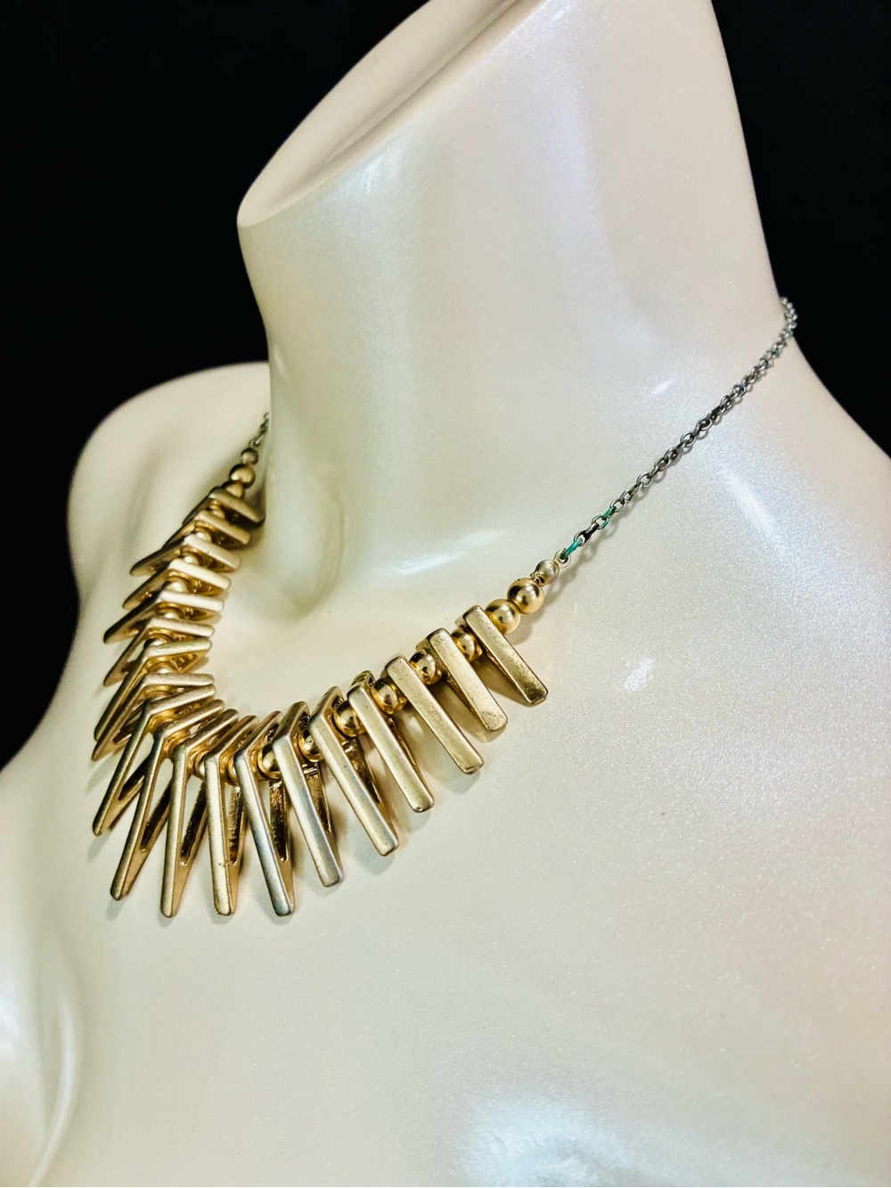 Bold 2D Gold Spike Fringe Statement Necklace Casual Bohemian Chic